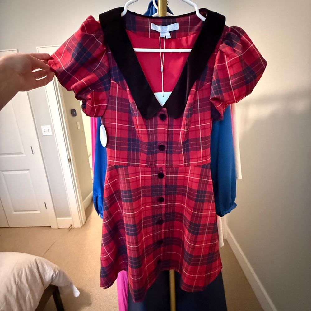 Hill House Red and Navy Plaid Dress with Black Velvet Trim